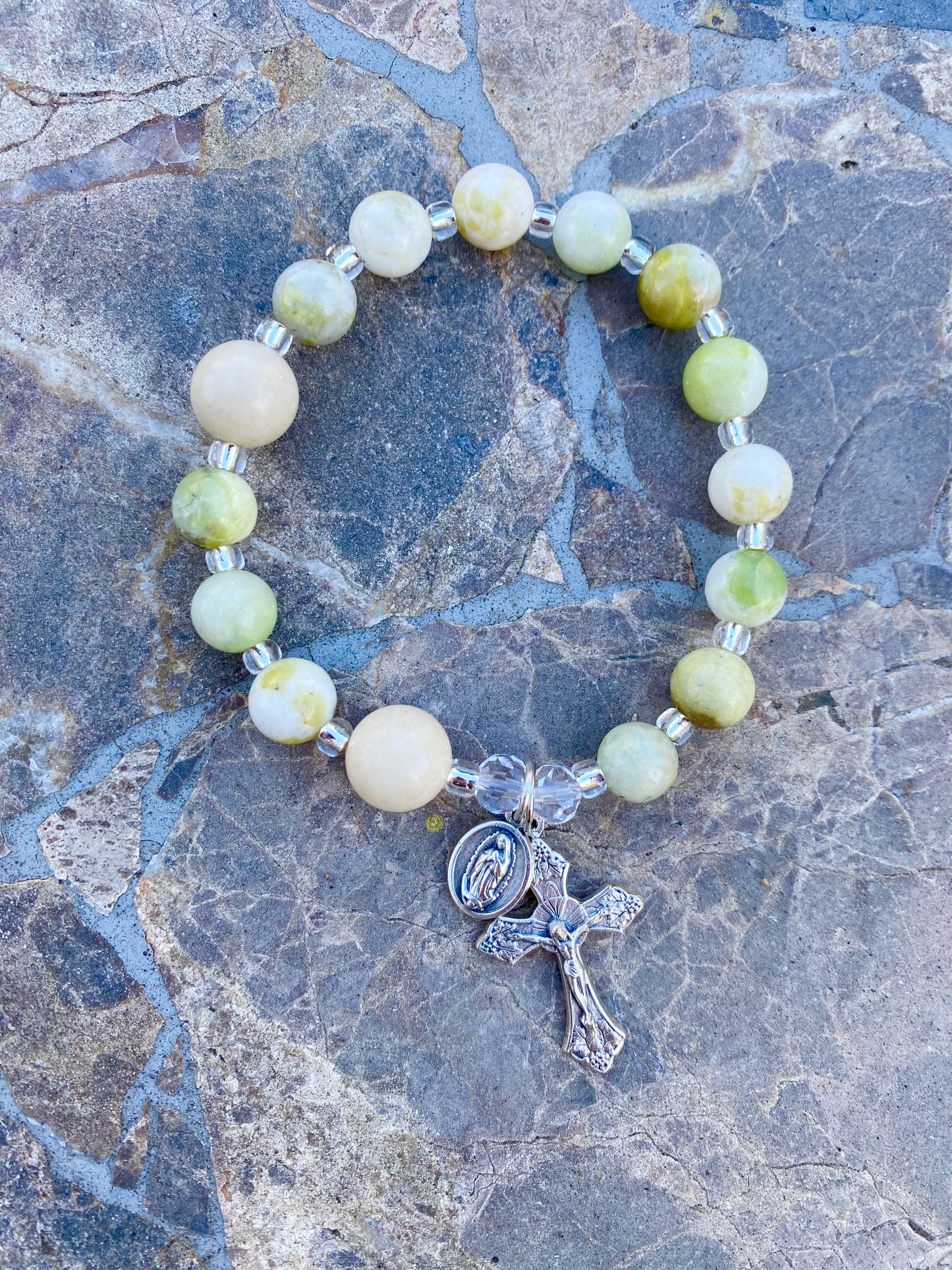 Single Decade Rosary Bracelet - Vintage Green Colored beads; Our Father bead is Riverstone