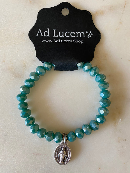 Miraculous Medal Stretch Bracelet - Teal Blue faceted beads