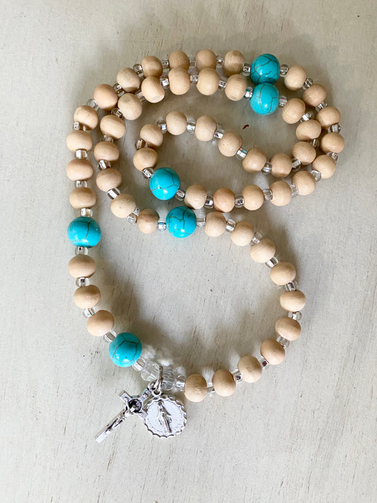 Rosary Wrap Bracelet - Wood and Turquoise