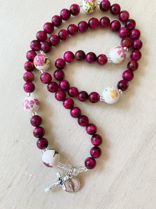 Rosary Wrap Bracelet - Little Flower - Pink Tiger Eye Hail Mary Beads