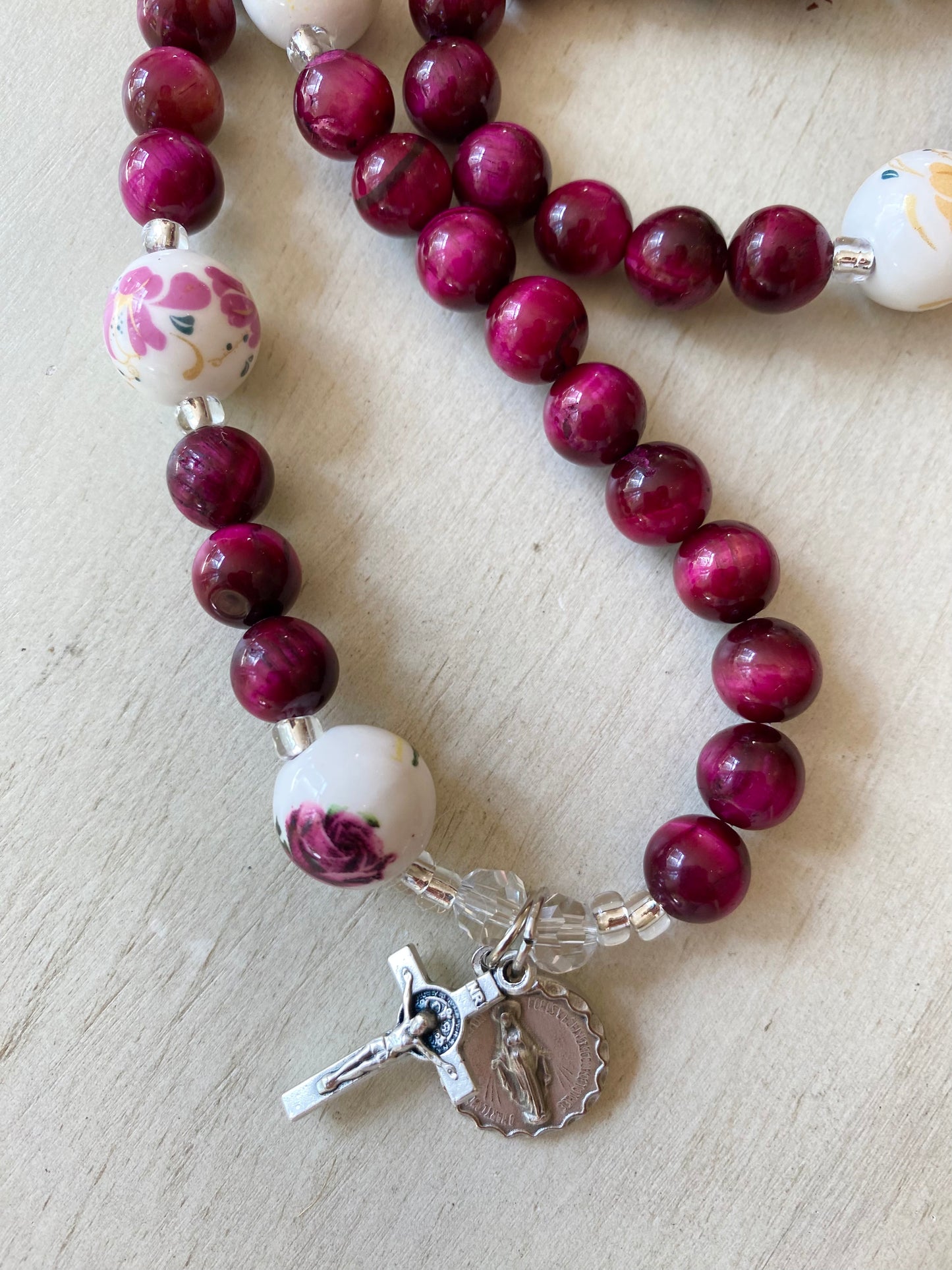 Rosary Wrap Bracelet - Little Flower - Pink Tiger Eye Hail Mary Beads