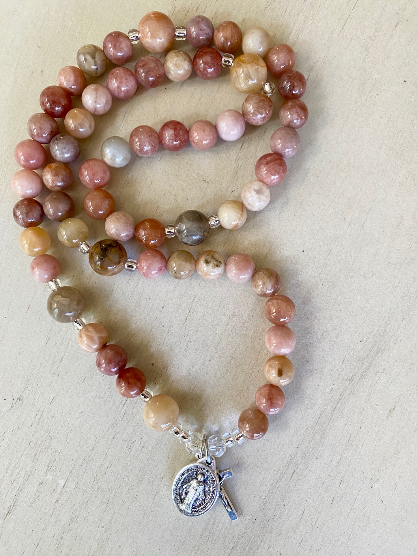 Rosary Wrap Bracelet - Miracle of the Sun - 10 mm & 8 mm sunstone beads