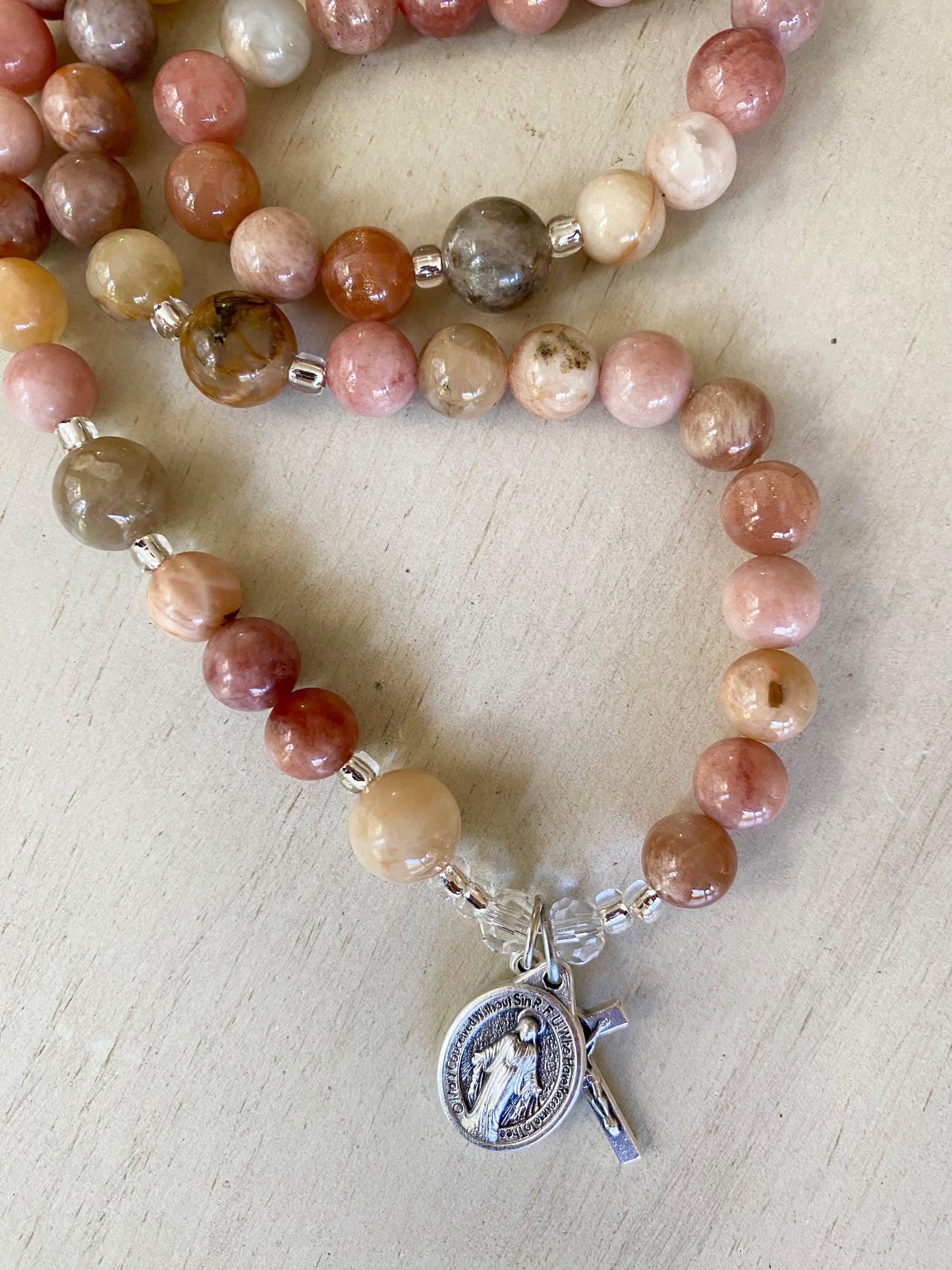 Rosary Wrap Bracelet - Miracle of the Sun - 10 mm & 8 mm sunstone beads