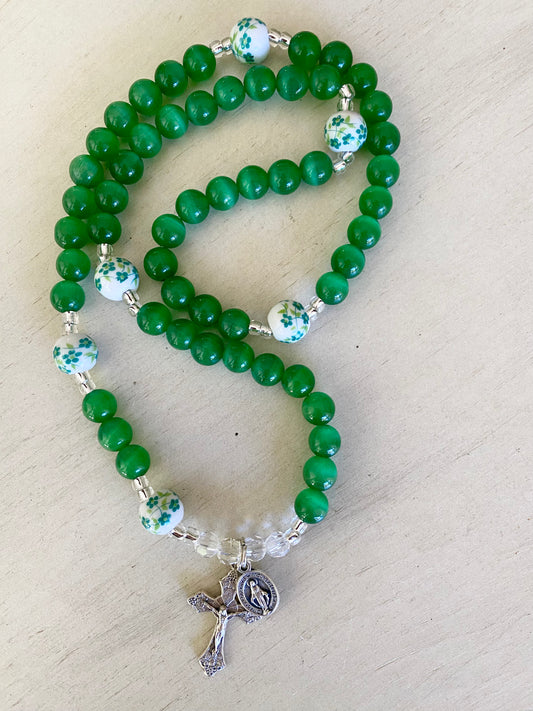 Rosary Wrap Bracelet - St. Patrick - Green Tiger Eye with Floral Beads with silver