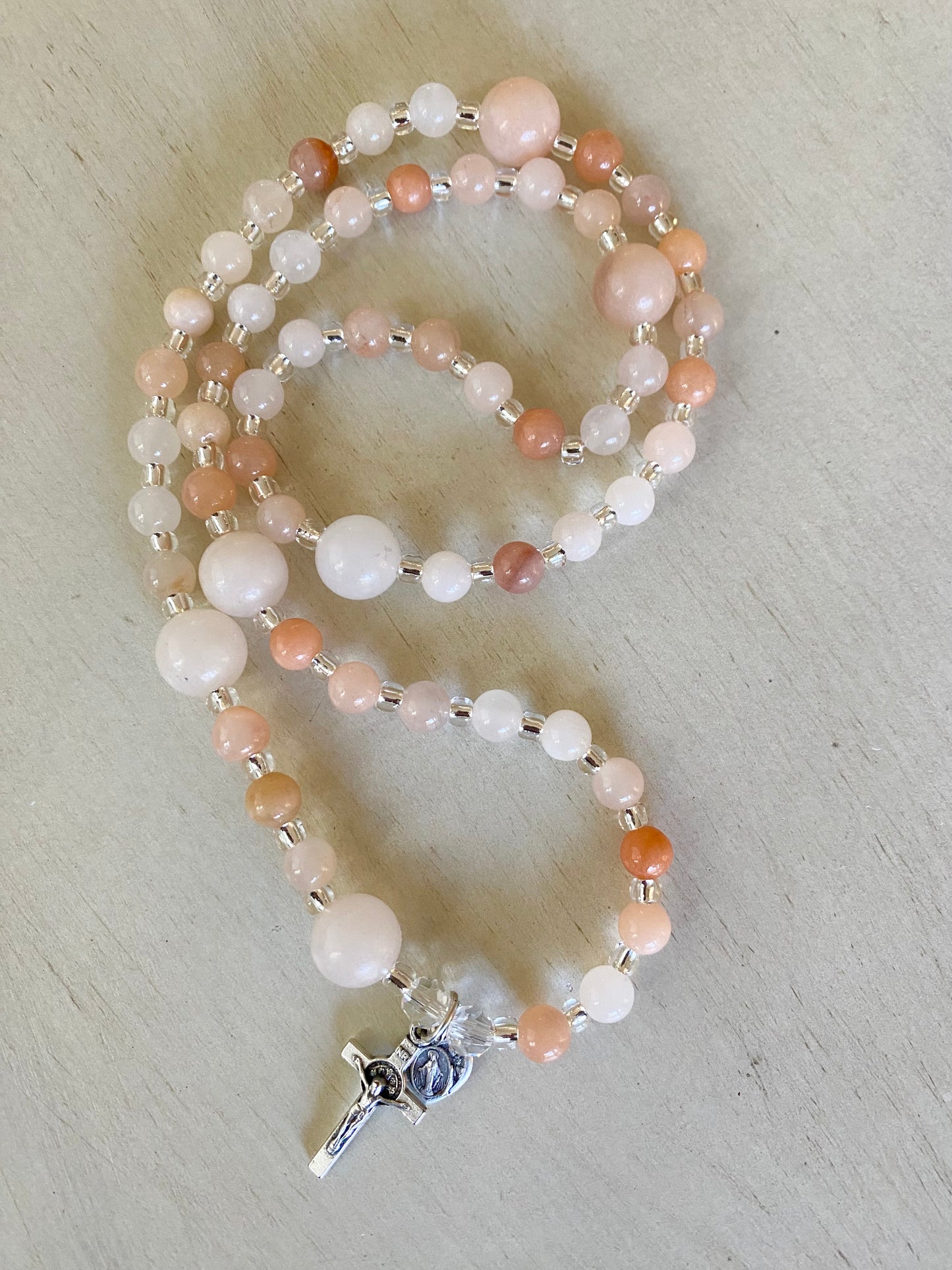 Rosary Wrap Bracelet  - Pink Aventurine Beads with Silver - 10 and 6 mm beads