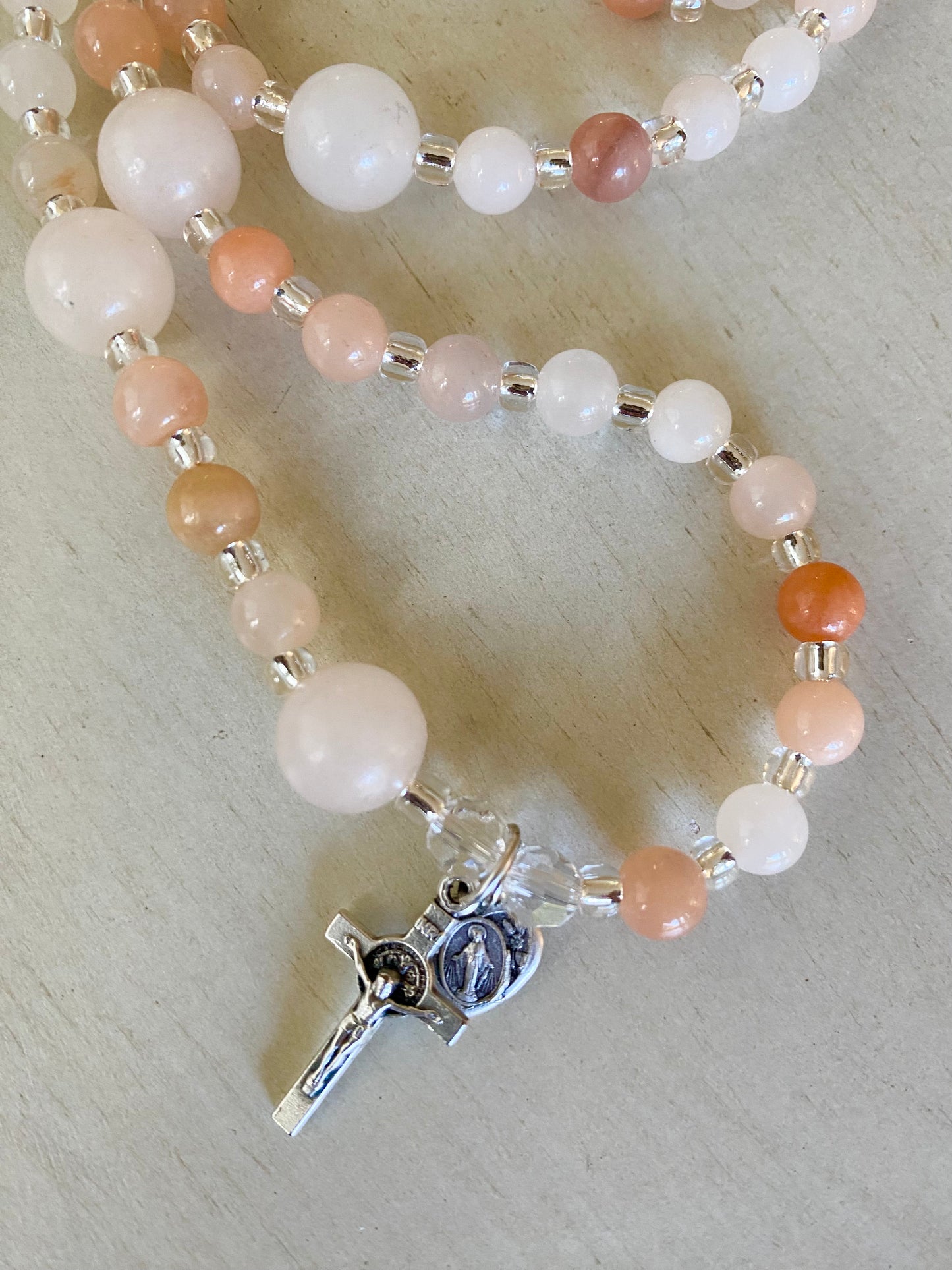 Rosary Wrap Bracelet  - Pink Aventurine Beads with Silver - 10 and 6 mm beads