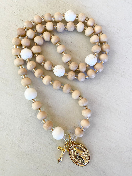 Rosary Wrap Bracelet - Wood with White Turquoise Gemstones and gold