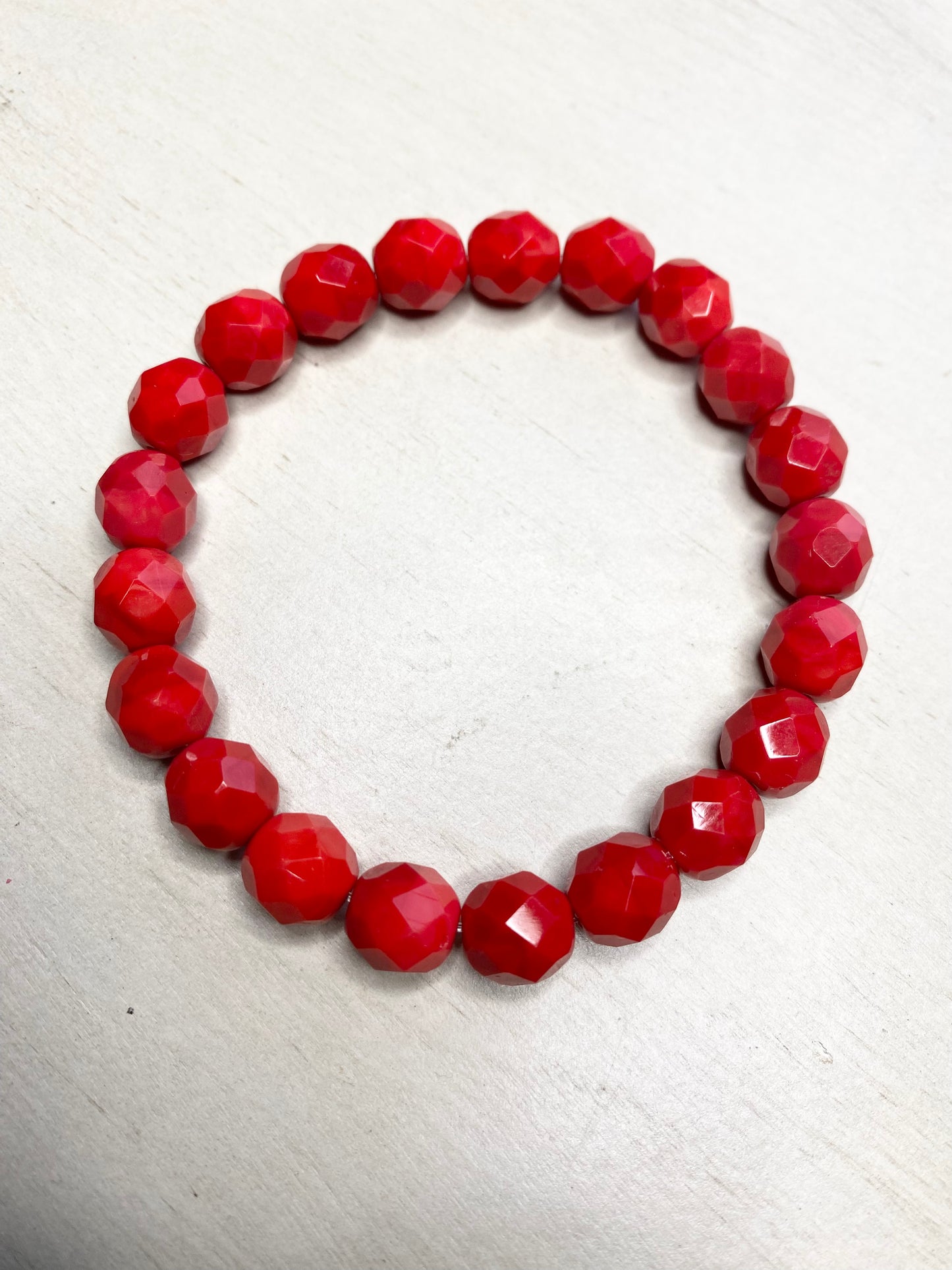 Red Faceted Czech Glass Beaded Stretch Bracelet