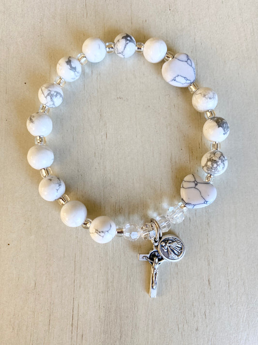 One Decade Rosary Stretch Bracelet - White Howlite Beads