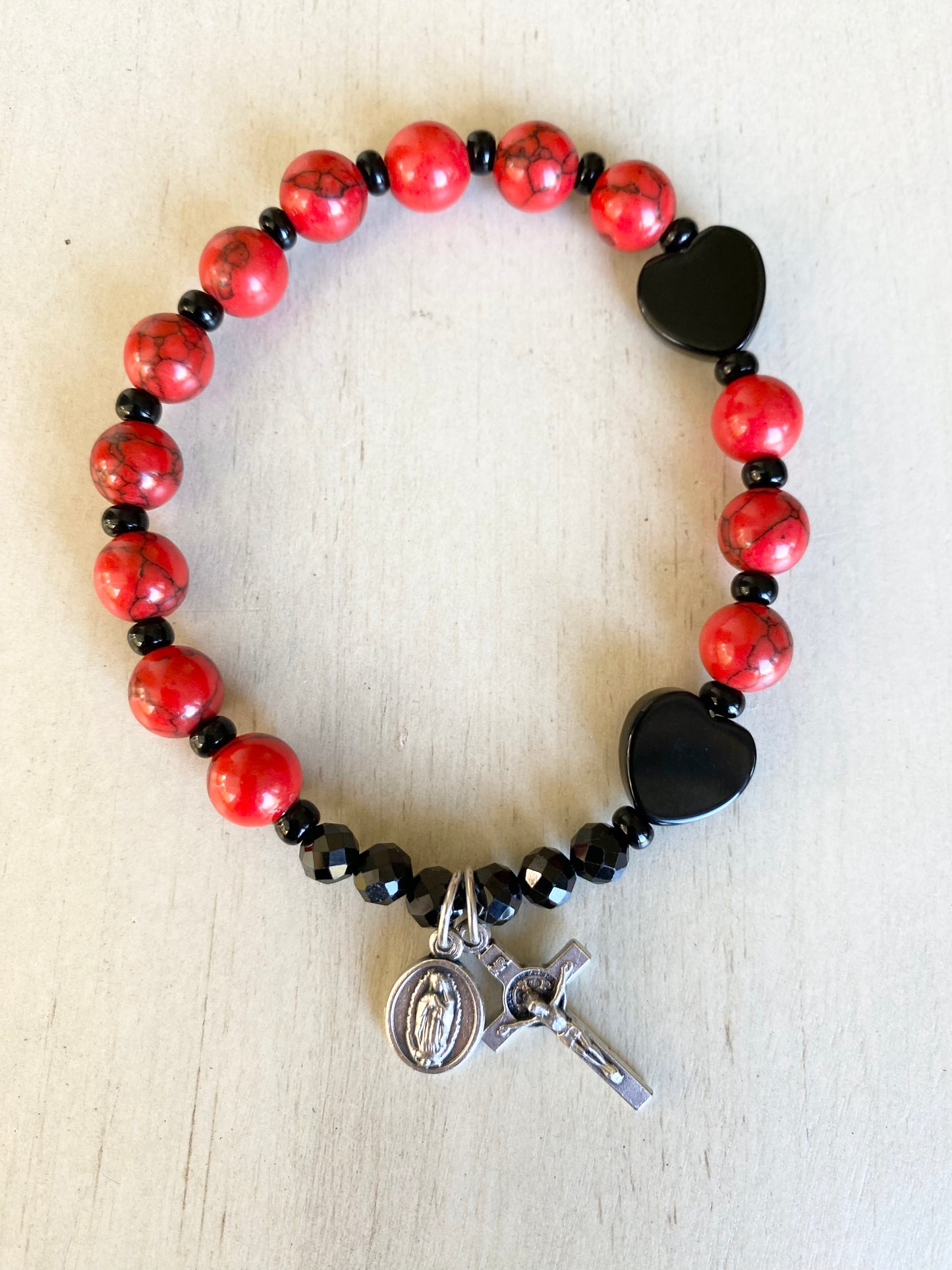 One Decade Rosary Stretch Bracelet - Black Hearts with Red Turquoise Beads