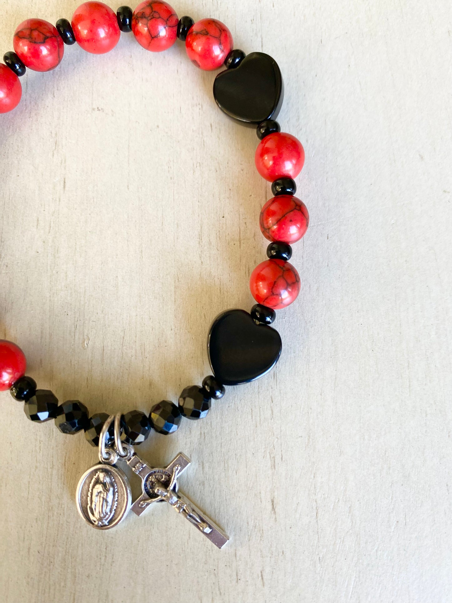 One Decade Rosary Stretch Bracelet - Black Hearts with Red Turquoise Beads