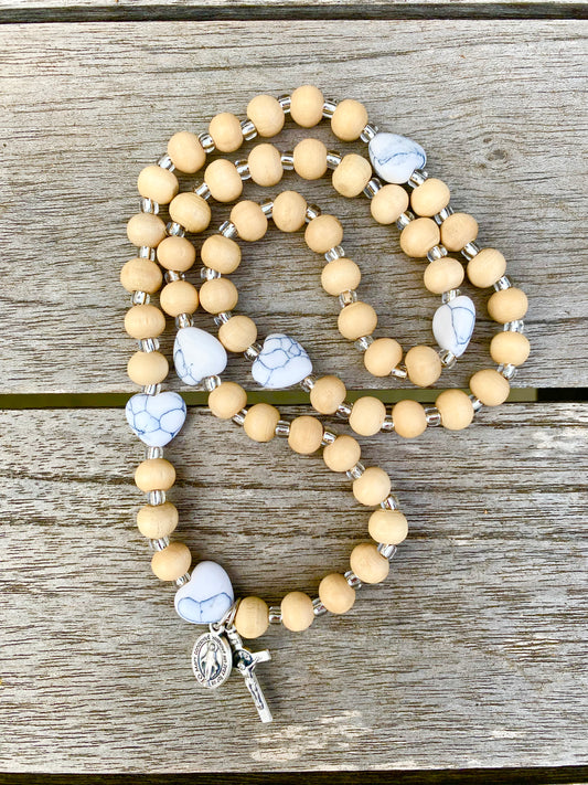 Rosary Wrap Bracelet - Wood and White Howlite Hearts