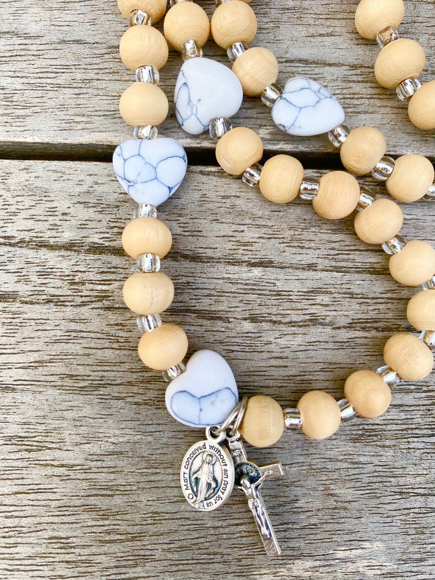 Rosary Wrap Bracelet - Wood and White Howlite Hearts