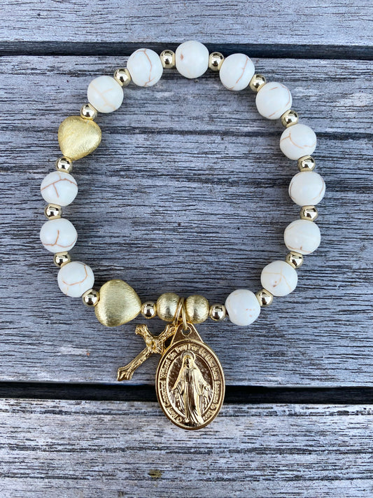 Single Decade Rosary Bracelet - White Turquoise and Gold