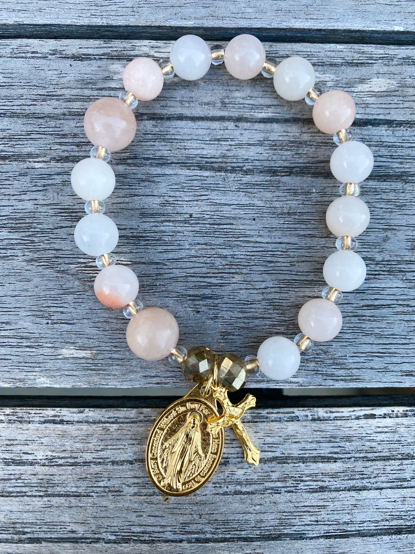 One Decade Rosary Stretch Bracelet - Pink Aventurine Beads with gold