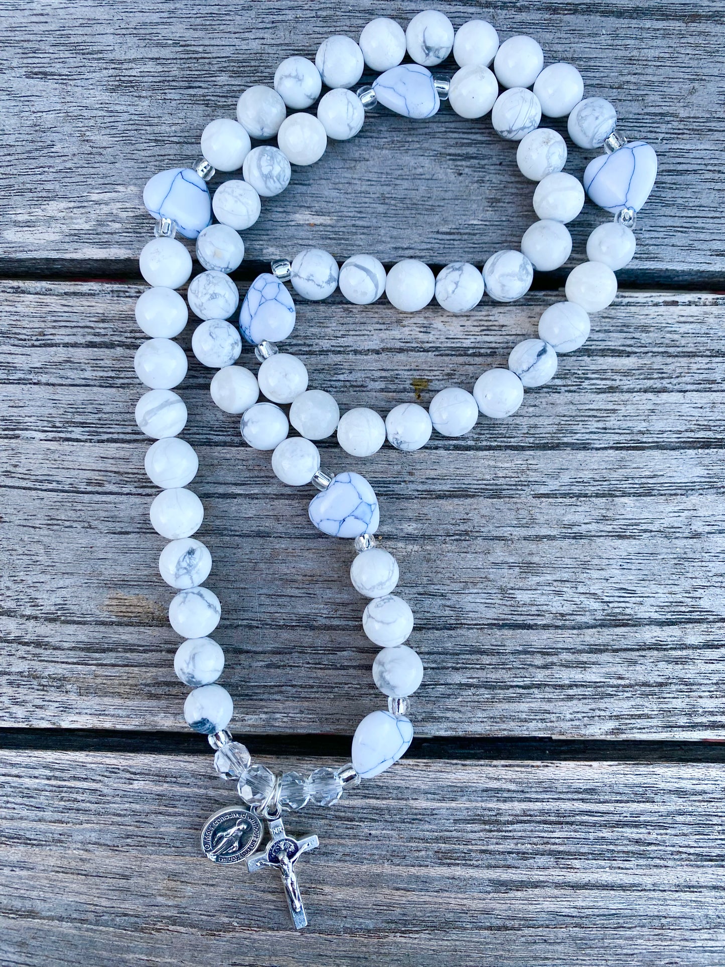 Rosary Wrap Bracelet - White Howlite Hearts and Round Gemstones - 12 mm Hearts and 8 mm Rounds