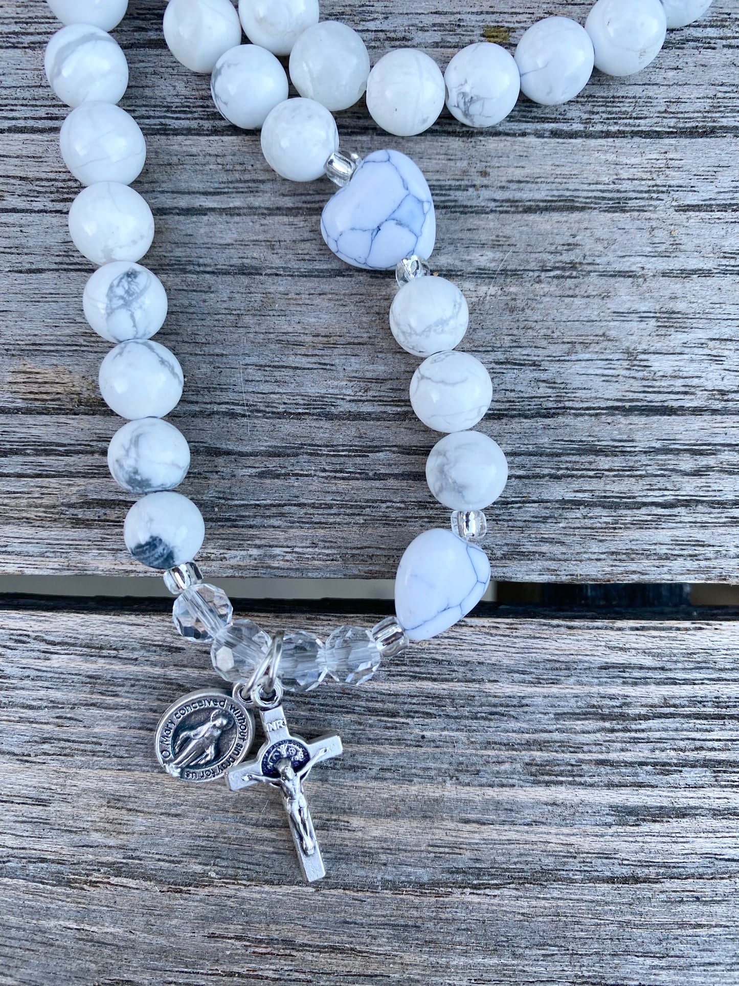 Rosary Wrap Bracelet - White Howlite Hearts and Round Gemstones - 12 mm Hearts and 8 mm Rounds