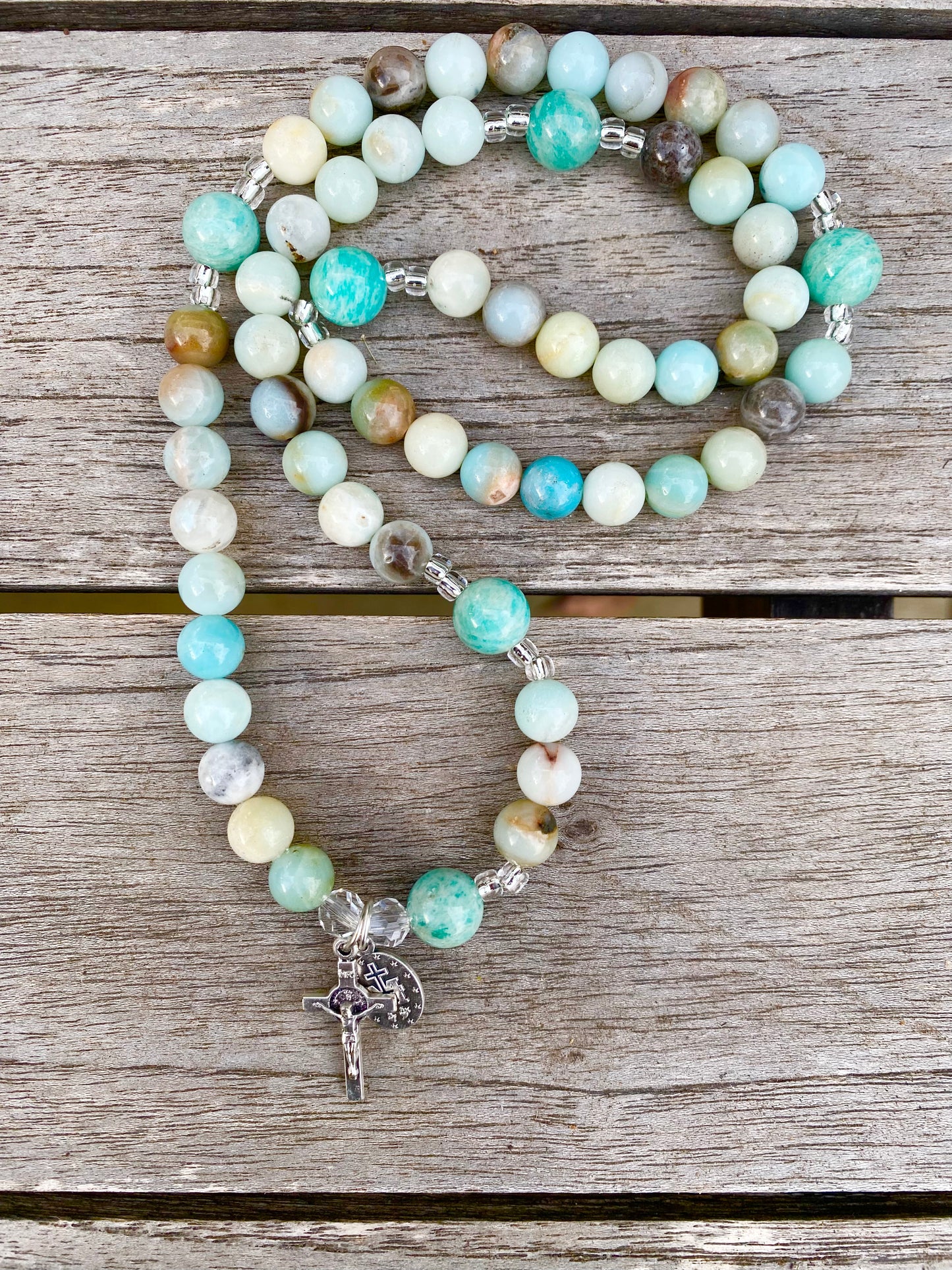 Rosary Wrap Stretch Bracelet - Amazonite 10 and 8 mm beads