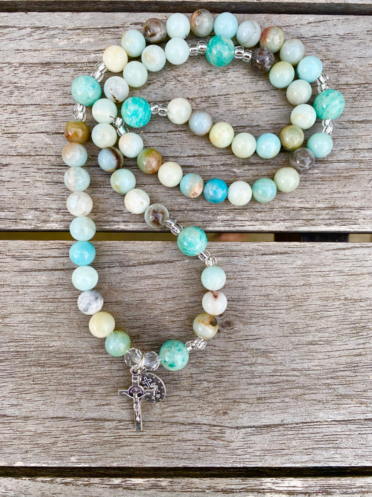 Rosary Wrap Stretch Bracelet - Amazonite 10 and 8 mm beads