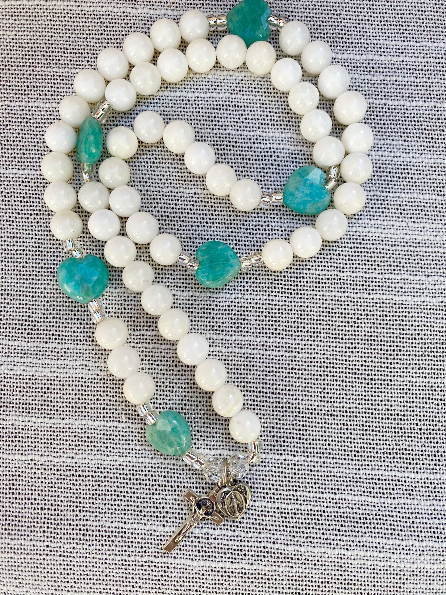 Rosary Wrap Stretch Bracelet - Blue Amazonite Hearts and Shell White