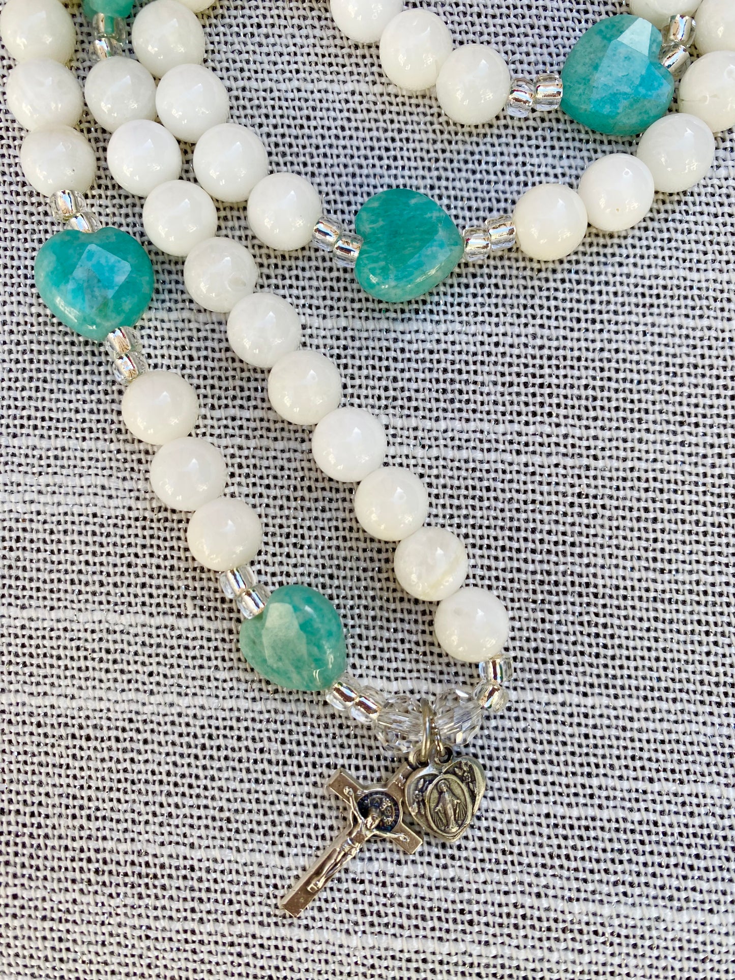 Rosary Wrap Stretch Bracelet - Blue Amazonite Hearts and Shell White