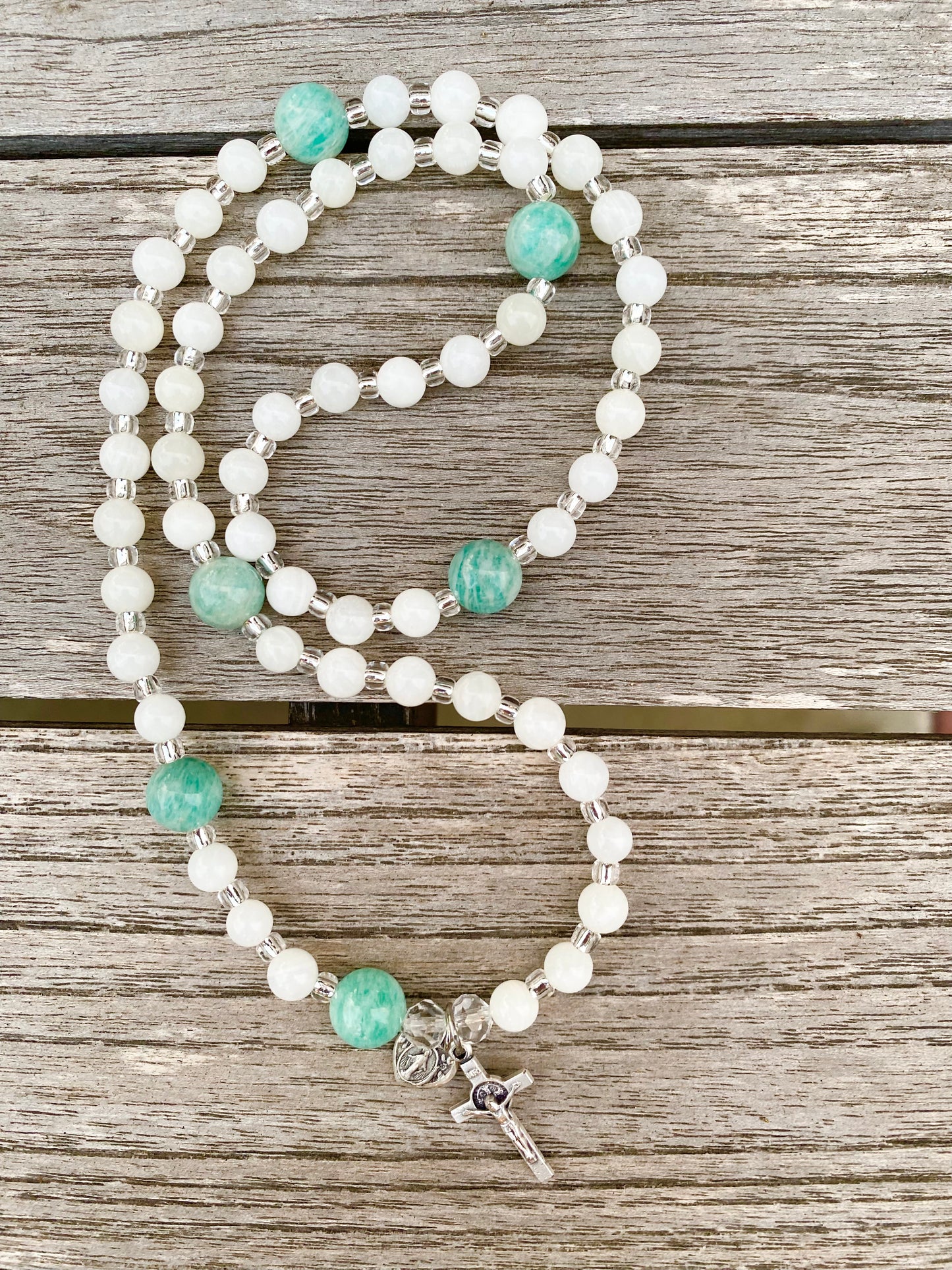 Rosary Wrap Stretch Bracelet - Green Amazonite and Shell White Beads