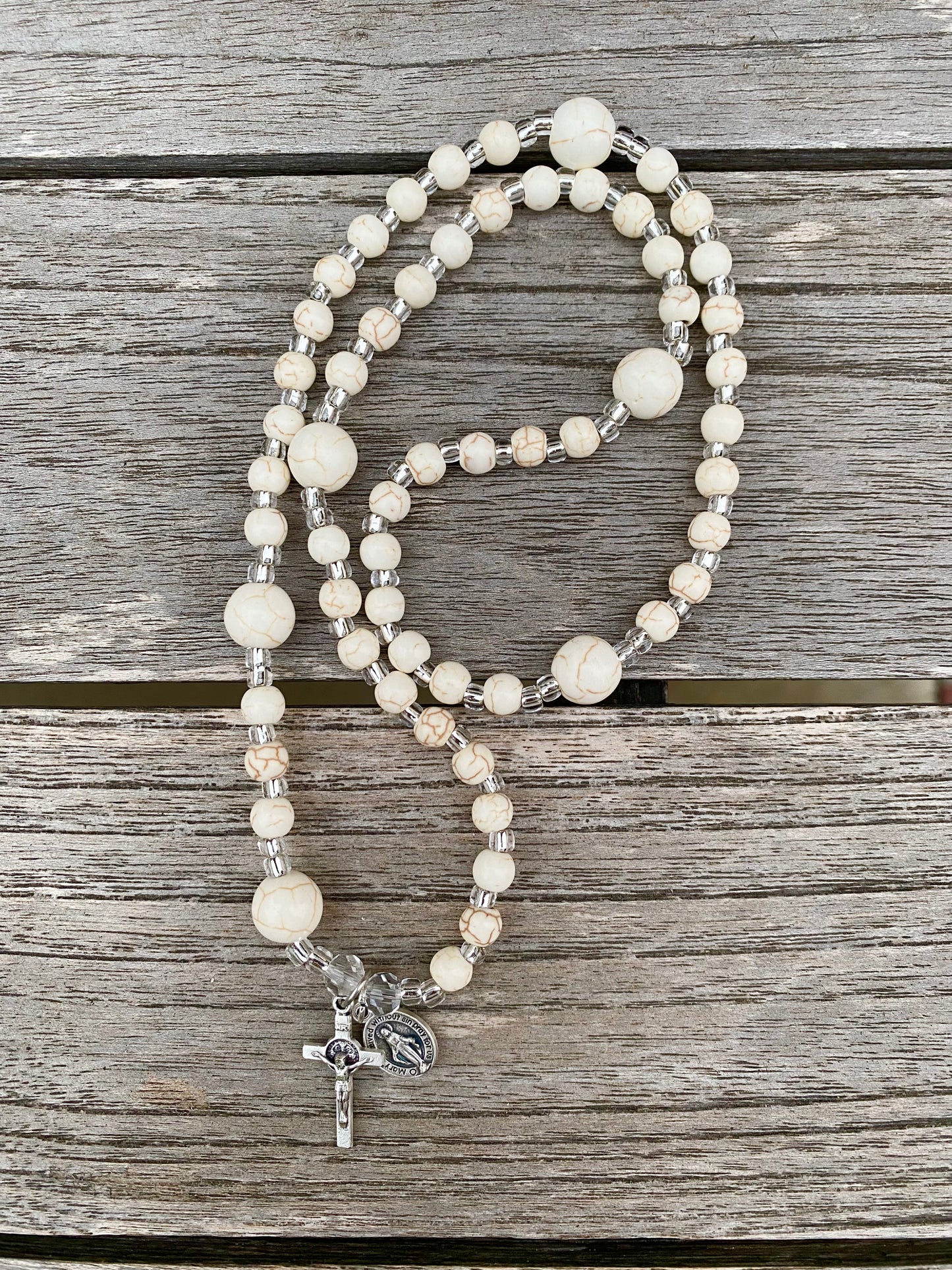 Rosary Wrap Stretch Bracelet - White Turquoise and Silver - 10 and 6 mm beads