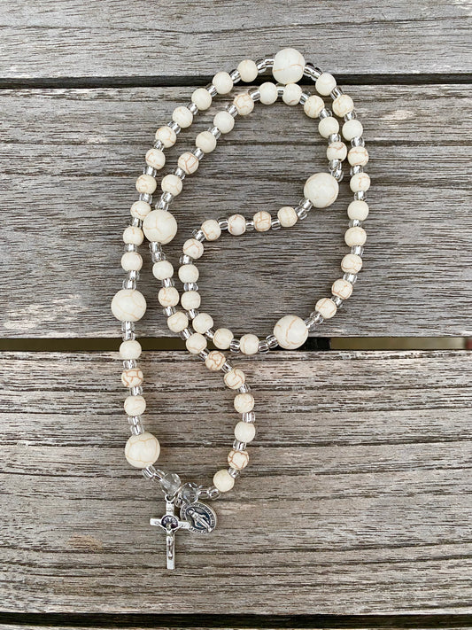 Rosary Wrap Stretch Bracelet - White Turquoise and Silver - 10 and 6 mm beads