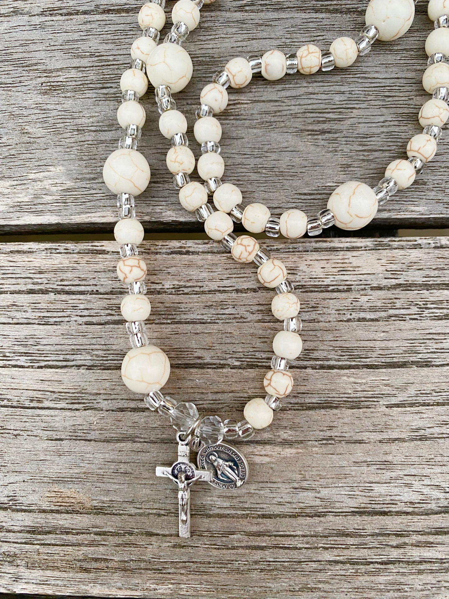 Rosary Wrap Stretch Bracelet - White Turquoise and Silver - 10 and 6 mm beads